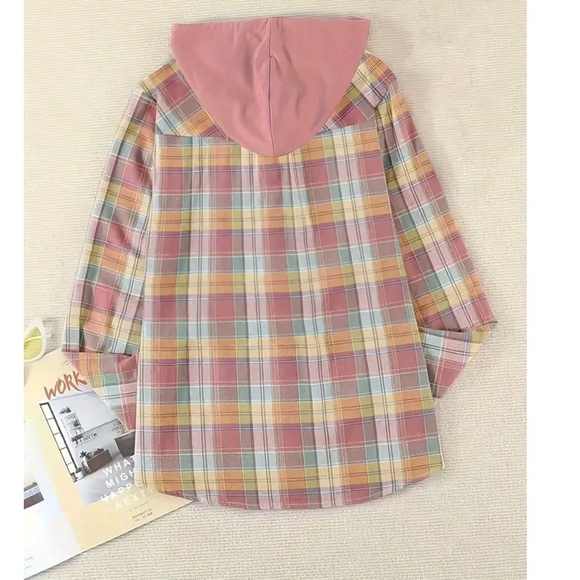 Multicolor Plaid Print Button Down Loose Fit Hoodie Shirt Top - Picture 4 of 4